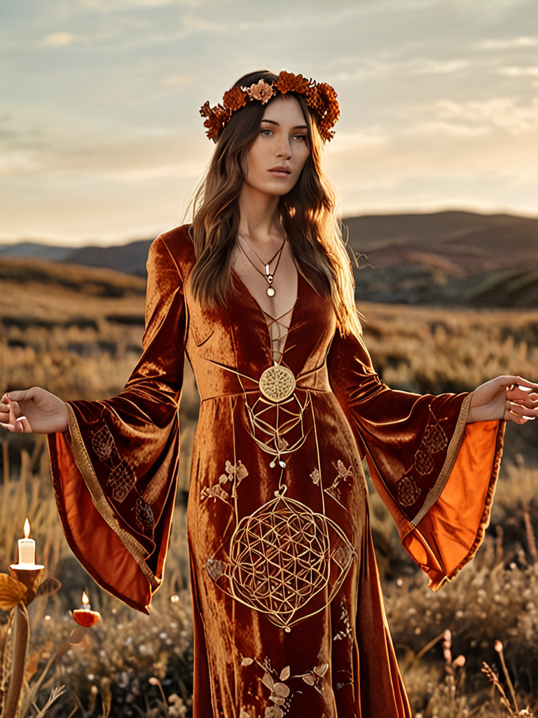 terracotta rust bell sleeve crushed velvet dress