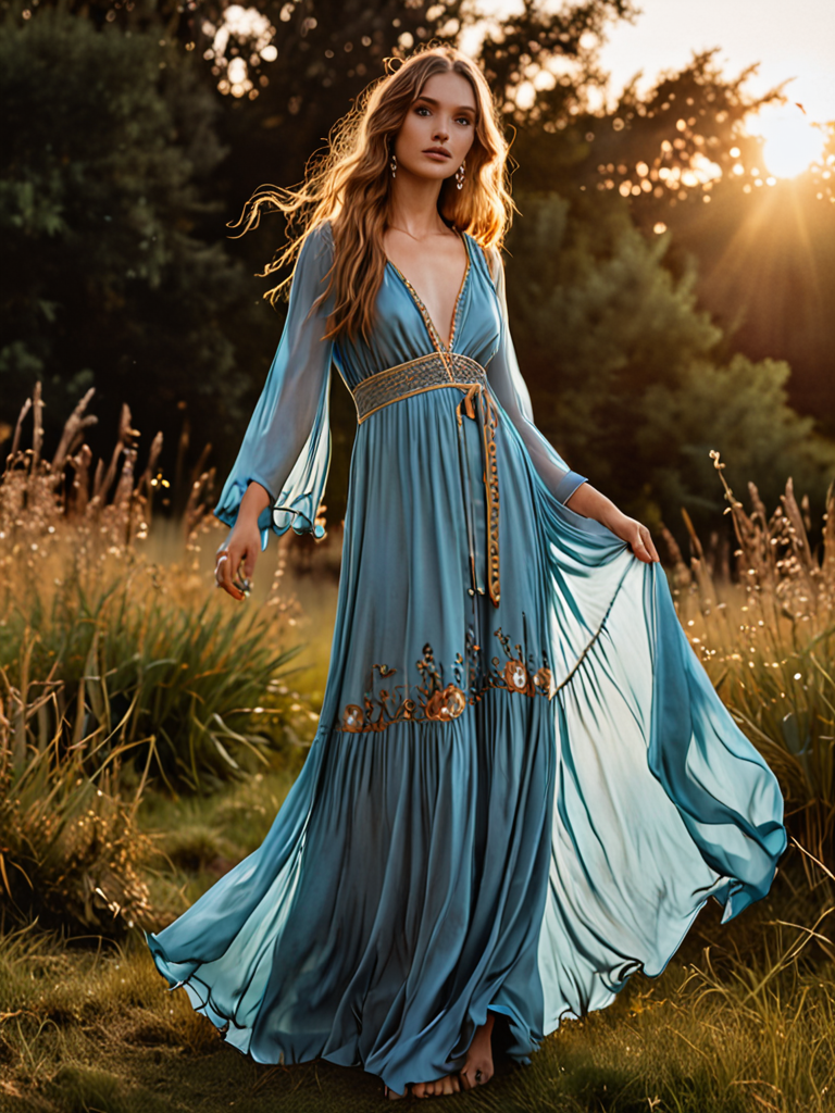 celestial blue boho maxi bamboo silk dress