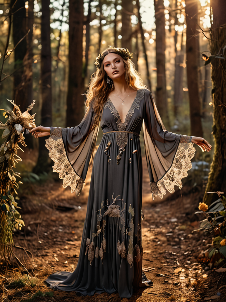 charcoal bell sleeve lace-trimmed cotton dress