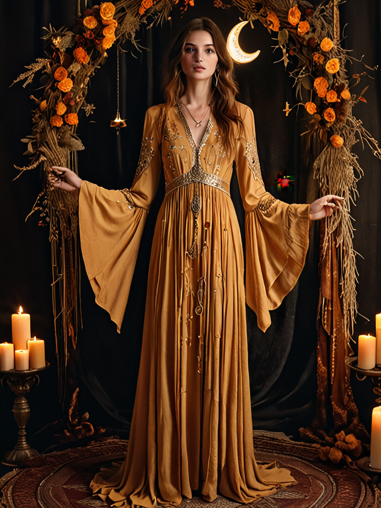 amber gold bell sleeve textured crepe dress