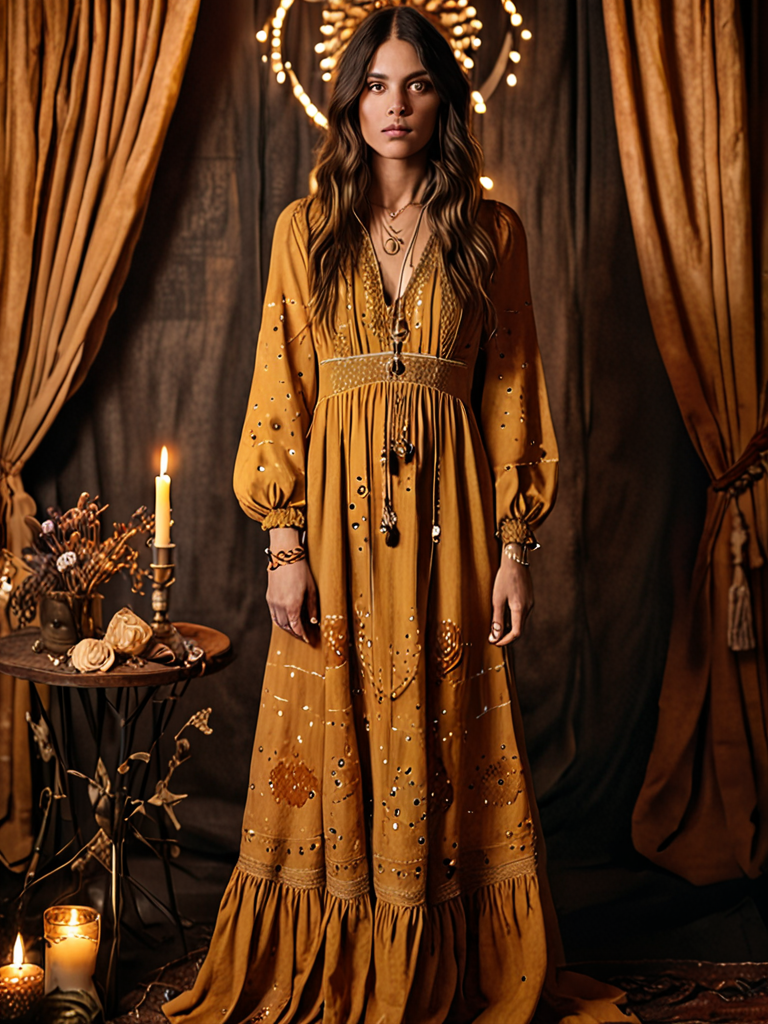 amber gold vintage prairie handwoven hemp dress