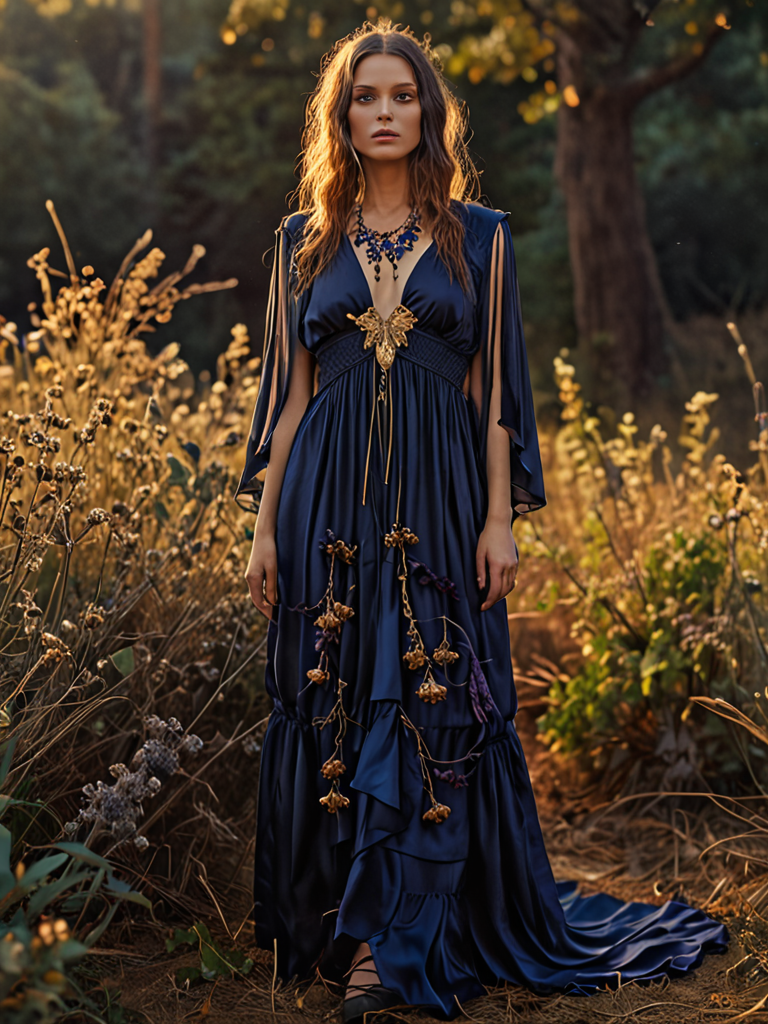 midnight indigo layered goddess raw silk dress